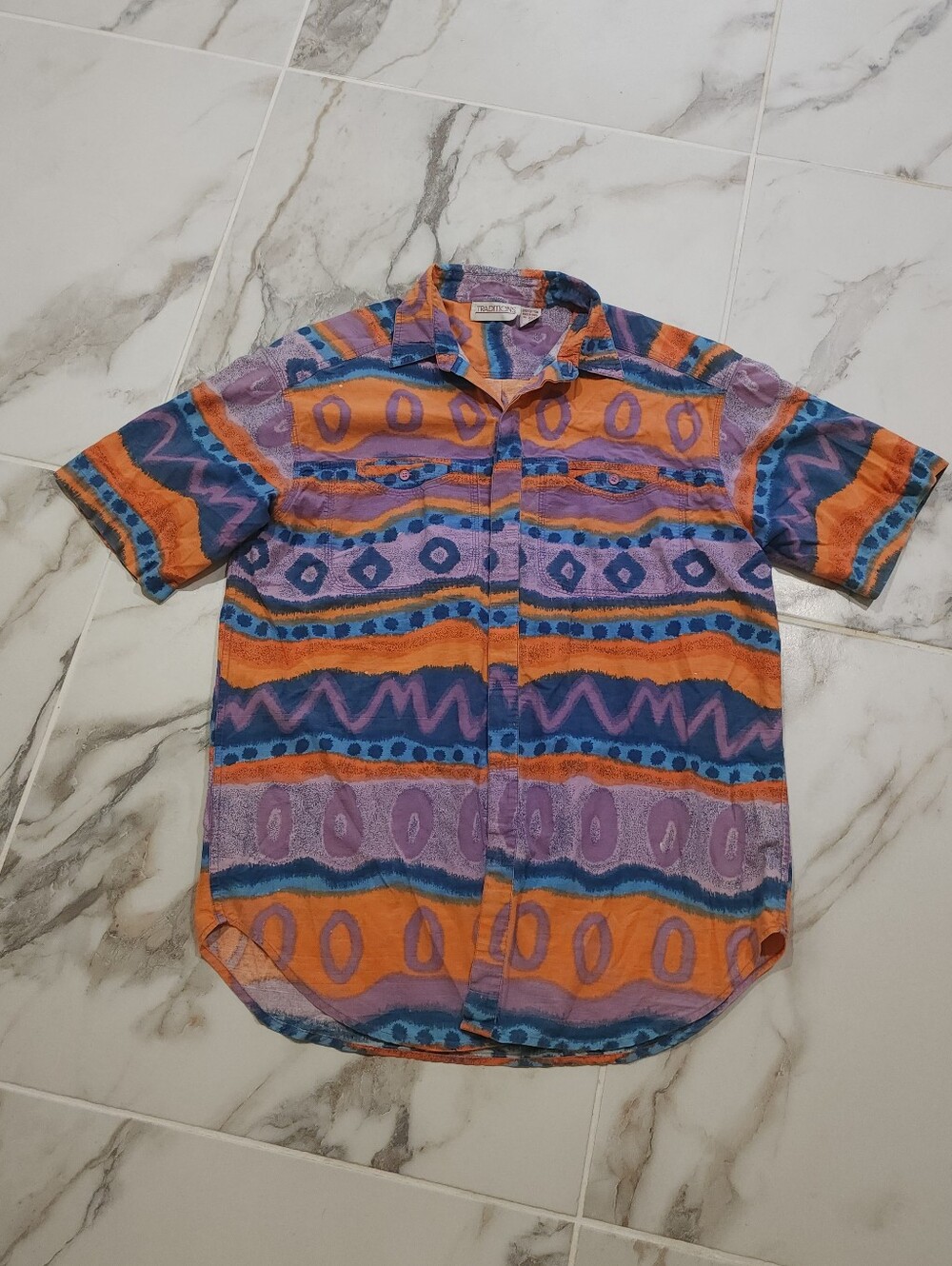 Vintage 89s Multicolor Short Sleeve Shirt - Orange & Purple - Large